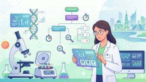 Современная иллюстрация с медицинским оборудованием для статьи о выборе бюджетной лаборатории экспресс-диагностики в Воронеже